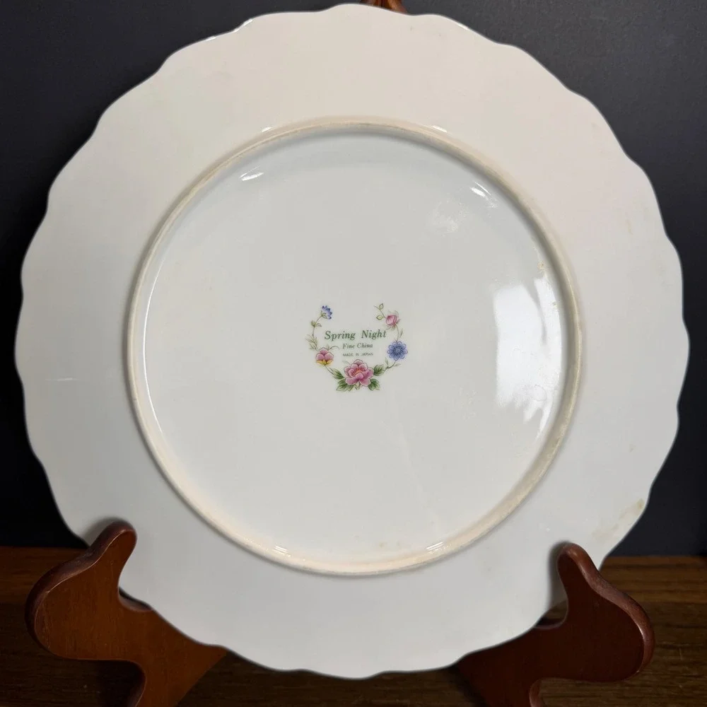 Spring Night Fine China Cake Plate Platter Floral Scalloped Gold Trim Vintage
